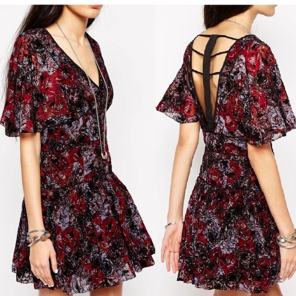 Free People Backless Floral Mini Dress in Burgundy and Black